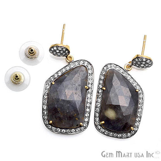 Blue Sapphire With Cubic Zirconia Pave Diamond 40x19mm,Gold Vermeil Dangle Drop Stud Earring - GemMartUSA