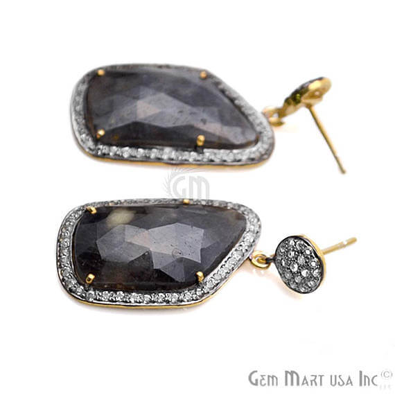 Blue Sapphire With Cubic Zirconia Pave Diamond 40x19mm,Gold Vermeil Dangle Drop Stud Earring - GemMartUSA