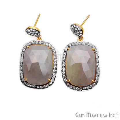 Grey Sapphire With Cubic Zirconia Pave Diamond 22x40mm,Gold Vermeil Dangle Drop Stud Earring - GemMartUSA