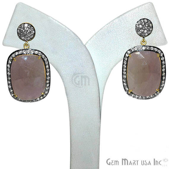 Grey Sapphire With Cubic Zirconia Pave Diamond 22x40mm,Gold Vermeil Dangle Drop Stud Earring - GemMartUSA