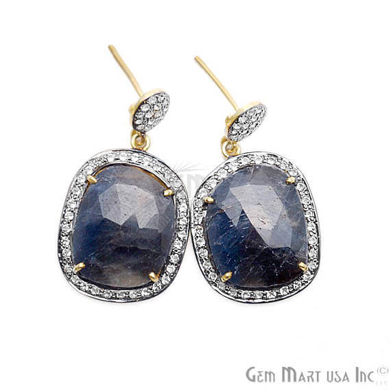 Blue Sapphire With Cubic Zirconia Pave Diamond 36x19mm,Gold Vermeil Dangle Drop Stud Earring - GemMartUSA