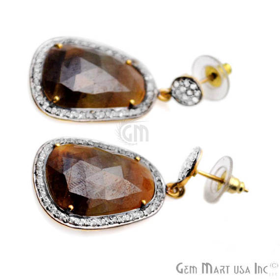 Brown Sapphire With Cubic Zirconia Pave Diamond 39x20mm,Gold Vermeil Dangle Drop Stud Earring - GemMartUSA