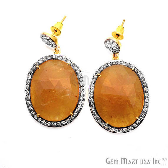 Orange Sapphire With Cubic Zirconia Pave Diamond 41x24mm,Gold Vermeil Dangle Drop Stud Earring - GemMartUSA