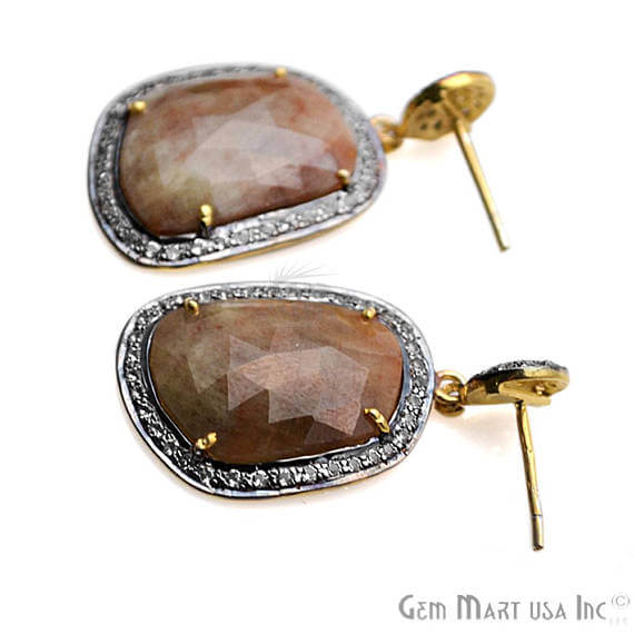 Brown Sapphire With Cubic Zirconia Pave Diamond 21x38mm,Gold Vermeil Dangle Drop Stud Earring - GemMartUSA