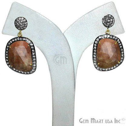 Brown Sapphire With Cubic Zirconia Pave Diamond 21x38mm,Gold Vermeil Dangle Drop Stud Earring - GemMartUSA