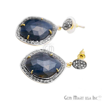 Blue Sapphire With Cubic Zirconia Pave Diamond 38x22mm,Gold Vermeil Dangle Drop Stud Earring - GemMartUSA