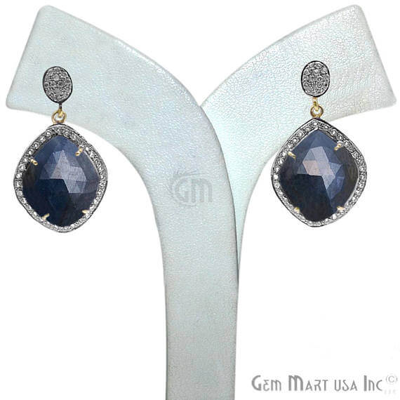 Blue Sapphire With Cubic Zirconia Pave Diamond 38x22mm,Gold Vermeil Dangle Drop Stud Earring - GemMartUSA