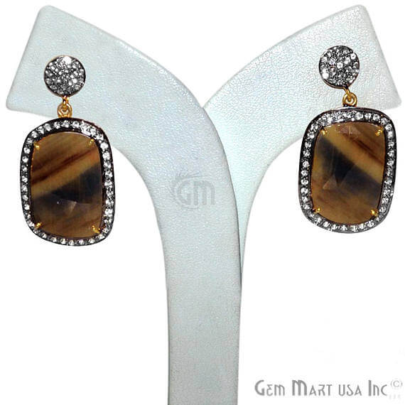 Brown Sapphire With Cubic Zirconia Pave Diamond 40x20mm,Gold Vermeil Dangle Drop Stud Earring - GemMartUSA