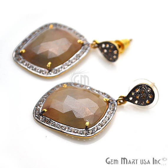 Brown Sapphire With Cubic Zirconia Pave Diamond 40x22mm,Gold Vermeil Dangle Drop Stud Earring - GemMartUSA