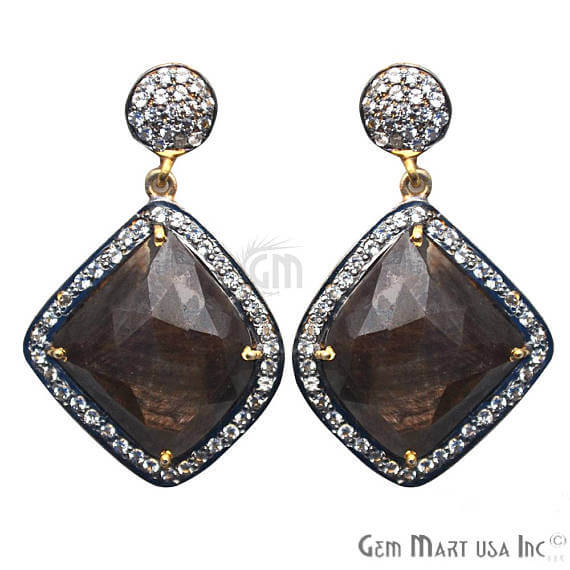 Brown Sapphire With Cubic Zirconia Pave Diamond 25x40mm,Gold Vermeil Dangle Drop Stud Earring - GemMartUSA