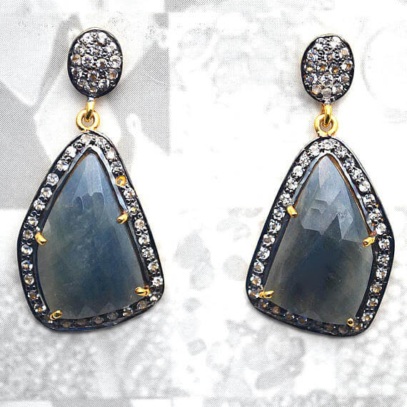 Blue Sapphire With Cubic Zirconia Pave Diamond 18x38mm,Gold Vermeil Dangle Drop Stud Earring - GemMartUSA