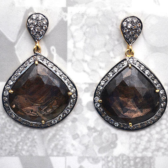 Brown Sapphire With Cubic Zirconia Pave Diamond 39x25mm,Gold Vermeil Dangle Drop Stud Earring - GemMartUSA