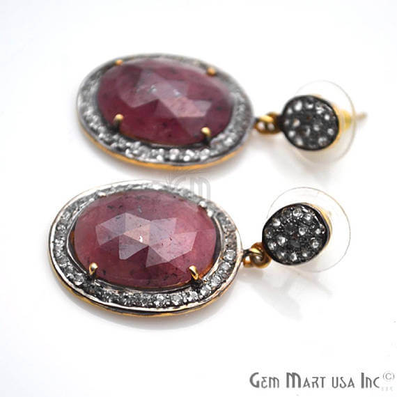 Red Sapphire With Cubic Zirconia Pave Diamond 35x19mm,Gold Vermeil Dangle Drop Stud Earring - GemMartUSA