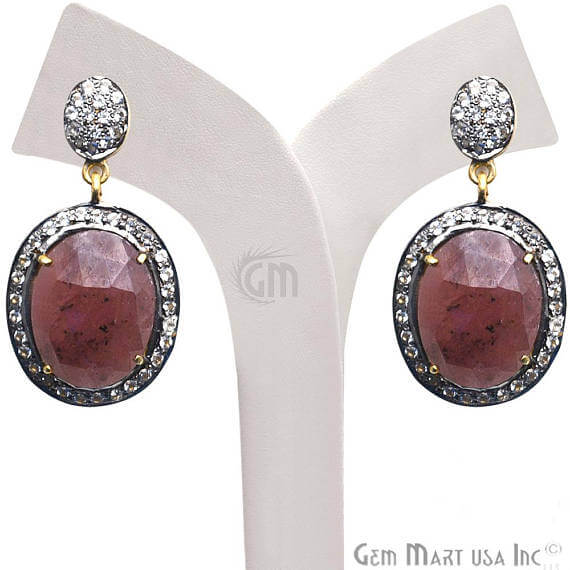 Red Sapphire With Cubic Zirconia Pave Diamond 35x19mm,Gold Vermeil Dangle Drop Stud Earring - GemMartUSA