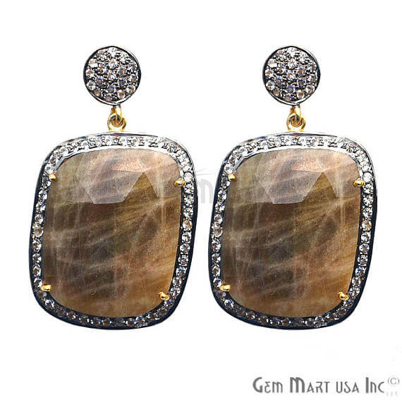 Brown Sapphire With Cubic Zirconia Pave Diamond 25x43mm,Gold Vermeil Dangle Drop Stud Earring - GemMartUSA