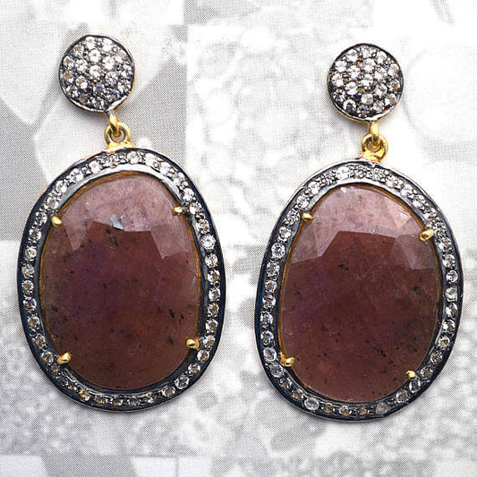 Red Sapphire With Cubic Zirconia Pave Diamond 44x24mm,Gold Vermeil Dangle Drop Stud Earring - GemMartUSA