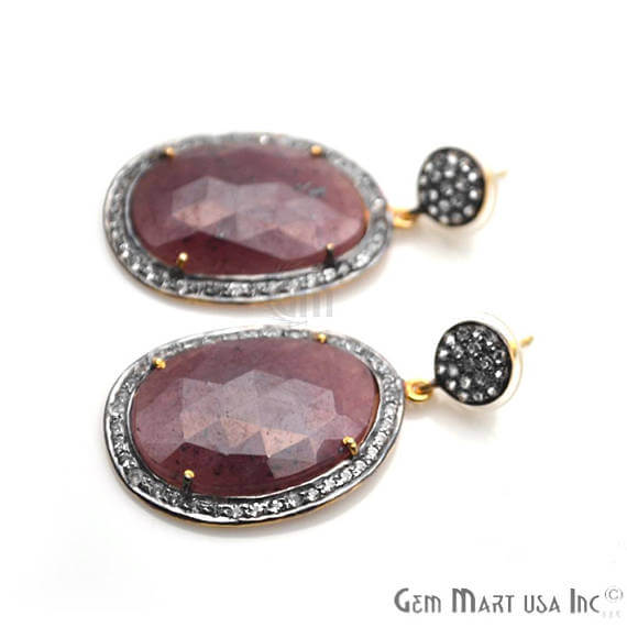 Red Sapphire With Cubic Zirconia Pave Diamond 44x24mm,Gold Vermeil Dangle Drop Stud Earring - GemMartUSA