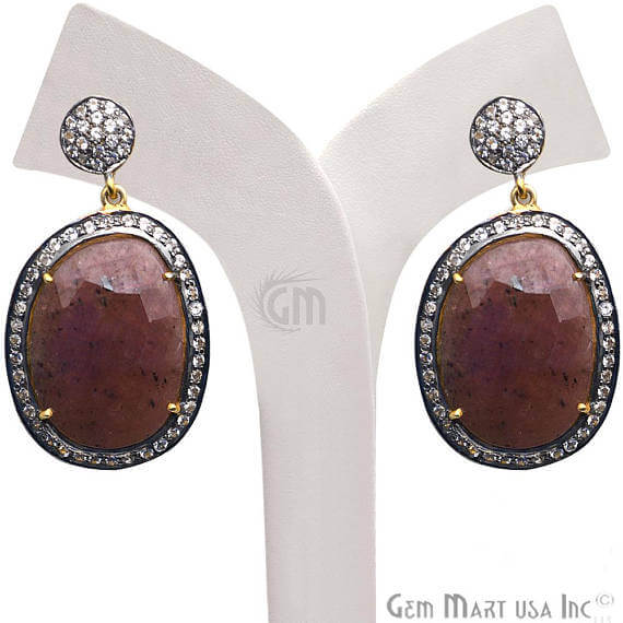 Red Sapphire With Cubic Zirconia Pave Diamond 44x24mm,Gold Vermeil Dangle Drop Stud Earring - GemMartUSA