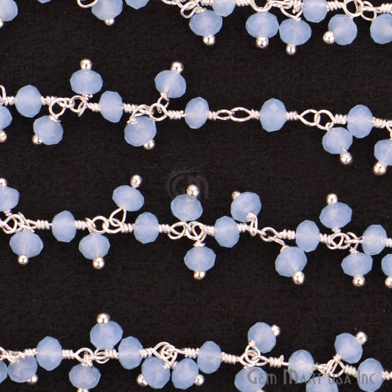 Aqua Chalcedony Silver Wire Wrapped Cluster Dangle Rosary Chain - GemMartUSA (764186984495)