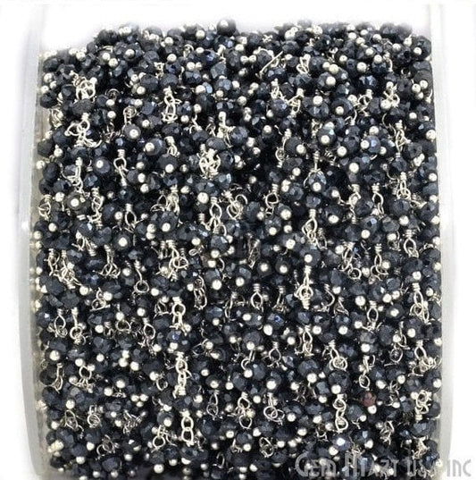 Black Pyrite Faceted Beads Silver Plated Wire Wrapped Cluster Dangle Rosary Chain - GemmartUSA (764222636079)