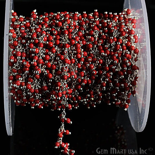 Red Coral Cluster Beads Silver Wire Wrapped Dangle Rosary Chain - GemmartUSA (764225716271)
