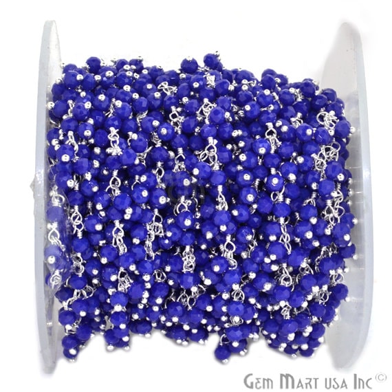 Dark Blue Chalcedony Faceted Beads Silver Plated Cluster Dangle Rosary Chain - GemmartUSA (764226142255)