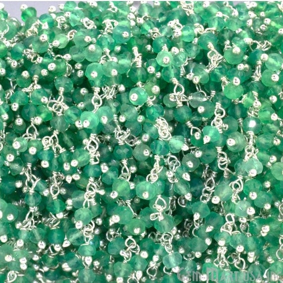 Green Onyx Faceted Beads Silver Plated Wire Wrapped Cluster Dangle Rosary Chain - GemmartUSA (764226928687)