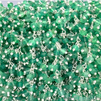 Green Onyx Faceted Beads Silver Plated Wire Wrapped Cluster Dangle Rosary Chain - GemmartUSA (764226928687)