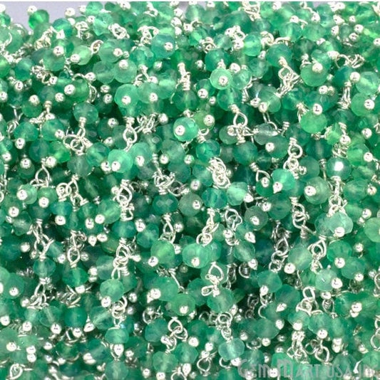 Green Onyx Faceted Beads Silver Plated Wire Wrapped Cluster Dangle Rosary Chain - GemmartUSA (764226928687)