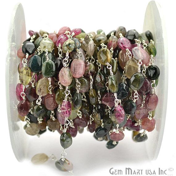 Tourmaline 7x5mm Silver Plated Wire Wrapped Gemstone Beads Rosary Chain - GemMartUSA (763940995119)