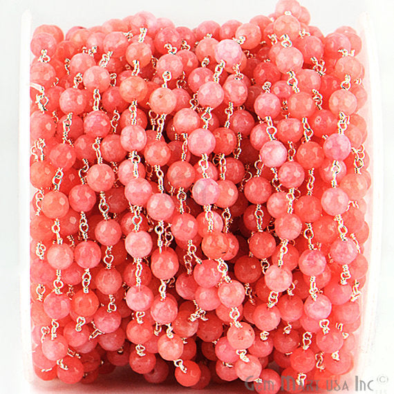 Pink Peach Jade Beads Silver Plated Wire Wrapped Rosary Chain - GemMartUSA (763960623151)