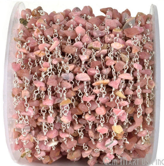 Pink Opal 4-6mm Nugget Chip Beads Silver Plated Rosary Chain - GemmartUSA (763963342895)