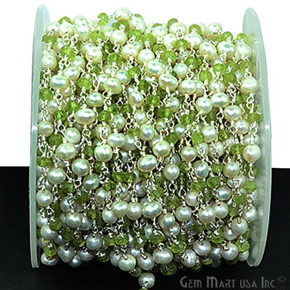 Peridot With Pearl Silver Plated Wire Wrapped Beads Rosary Chain - GemMartUSA