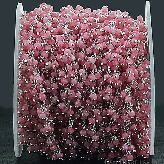 Rose Chalcedony Faceted Beads Silver Plated Cluster Dangle Chain - GemmartUSA (764235907119)