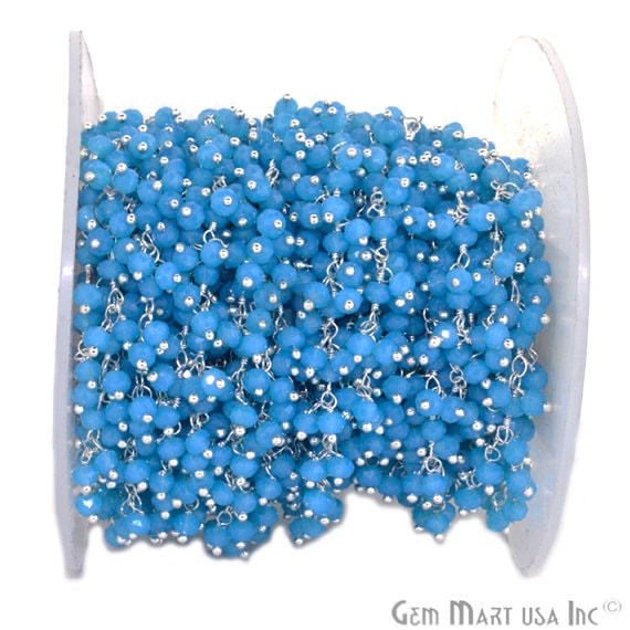 Sky Blue Cluster Beads Silver Plated Wire Wrapped Dangle Rosary Chain - GemmartUSA (764238659631)