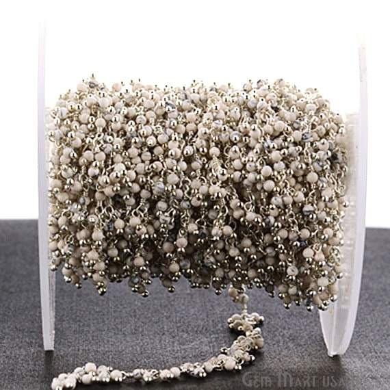 Howlite Faceted Beads Silver Wire Wrapped Cluster Dangle Rosary Chain - GemmartUSA (764240724015)